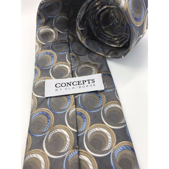 100% silk tie geometric circle designs grey blue white Concepts by Claiborne EUC - Picture 3 of 5